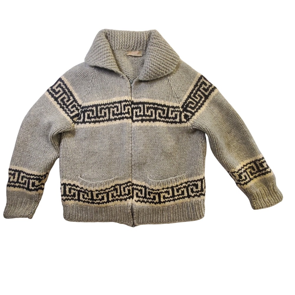 Vintage Hand Knit Wool Cowichan Sweater Gray Talon Zip Cardigan Mens Large Heavy